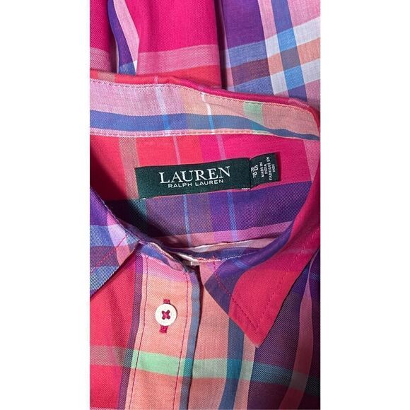 Lauren Ralph Lauren Plaid Roll Tab Sleeve Button Up Blouse Petite XS - Picture 4 of 4